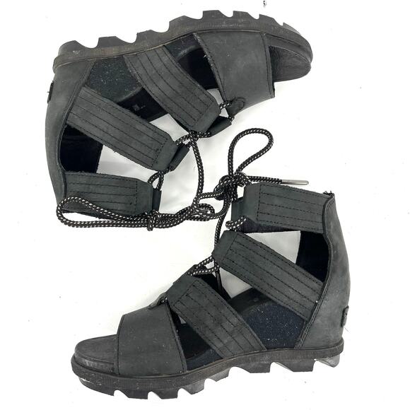 Sorel Women's Black Leather Joanie II 2 Lace up Wedge Open Toe Sandal 36.5 / 5.5 - Picture 7 of 9